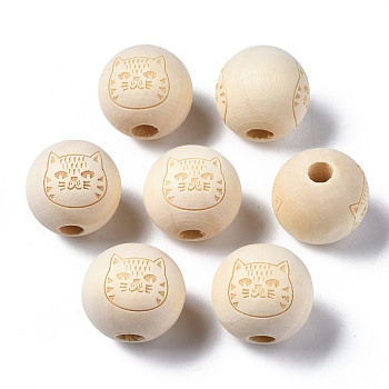 Unfinished Natural Wood European Beads, Large Hole Beads, Laser Engraved Pattern, Round with Cat, Old Lace, 15~16x14~15mm, Hole: 4mm