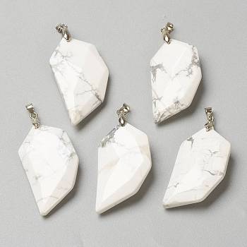 Natural Howlite Pendants, Lover Half Heart Stone Faceted Charms with Platinum Brass Snap on Bails, 39x21x8.5mm, Hole: 4x3.5mm