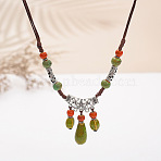Bohemian Bohemian Alloy with Porcelain Teardrop Bead Tassel Pendant Adjustable Necklaces, Antique Silver, Yellow Green, 19.69~31.50 inch(50~80cm)(FS-WG3E161-03)