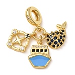 Brass Micro Pave Cubic Zirconia & Enamel Dangle Charms, Large Hole Pendants, Cruise Ship & Compass & Whale, Golden, Dodger Blue, 27mm, Hole: 5mm(CU-CBA0A9C-04G)