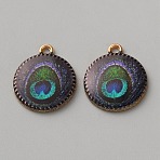 Printed Alloy Enamel Pendants, Flat Round with Peacock Feather Charm, Golden, Midnight Blue, 20x17x2.2~2.8mm, Hole: 1.8mm(FIND-WH0148-418A-1)