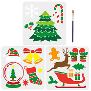 US 1 Set PET Hollow Out Drawing Painting Stencils, with 1Pc Art Paint Brushes, Christmas Themed Pattern, Painting Stencils: 300x300mm, 3pcs/set, Brushes: 16.9x0.5cm(DIY-MA0001-50A)
