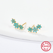 Cubic Zirconia Flower Stud Earrings, Golden 925 Sterling Silver Post Earings, Medium Turquoise, 12x5mm(HO3572-1)