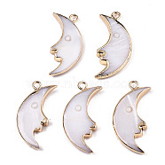 Natural Freshwater Shell Pendants, with Iron Loops, Brass Edge Golden Plated, Moon, Rosy Brown, 25x12x3mm, Hole: 1.8mm(SHEL-N026-136)