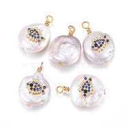 Natural Cultured Freshwater Pearl Pendants, with Brass Micro Pave Cubic Zirconia Findings, Nuggets with Fish, Golden, Dark Blue, 17~26x11~16x5~11mm, Hole: 1.6~2mm(PEAR-L027-30A)