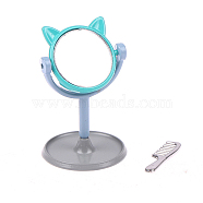 Miniature Cute Cat's Head Alloy Makeup Mirrors, with Comb, for Dollhouse Tabletop Decoration, Medium Turquoise, 43mm(MIMO-PW0001-013B)
