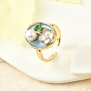 Brass Enamel Cuff Rings, with Natural Freshwater Pearl, Real 18K Gold Plated, Oval with Flower, Turquoise, Inner Diameter: 16mm(RJEW-K291-03G-01)