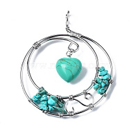 Synthetic Turquoise Big Pendants, Wire Wrapped Pendants, with Plamtinum Brass Wires, Rack Plating, Flat Round with Heart, Dyed, 68~69x53~54x9.5mm, Hole: 4x5mm(G-Q997-001D-S)
