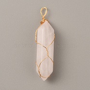 Natural Rose Quartz Double Terminated Pointed Pendants, with Golden Tone Copper Wire Wrapped, Faceted Bullet Charm, 41.5x9.5x8.5mm, Hole: 4x2.3mm(G-TAC0010-04G-01)