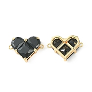 Brass Pave Cubic Zirconia Connector Charms, Heart Links, Real 18K Gold Plated, Black, 18.5x26x7.5mm, Hole: 1.6mm(KK-L208-04G-01)