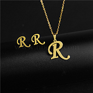 Golden Stainless Steel Initial Letter Jewelry Set, Stud Earrings & Pendant Necklaces, Letter R, No Size(IT6493-4)