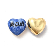 Brass Enamel Beads, Real 18K Gold Plated, Long-Lasting Plated, Heart with Word Mom, Royal Blue, 17.5x18x10mm, Hole: 2mm(KK-P222-04G-04)
