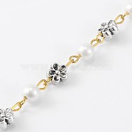 Handmade Round Glass Pearl Beads Chains for Necklaces Bracelets Making, with Tibetan Style Alloy Flower Beads and Iron Eye Pin, Unwelded, White, 39.3 inch(AJEW-JB00072-01)