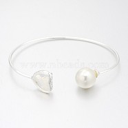 Nickel Free Silver Color Plated Brass Glass Cuff Bangles, Torque Bangles, with Round Acrylic Pearl, WhiteSmoke, 50x64mm(BJEW-J163-01S)