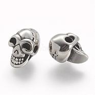 304 Stainless Steel Beads, Skull, Antique Silver, 13.5x8.5x9.5mm, Hole: 2mm(STAS-A032-029AS)