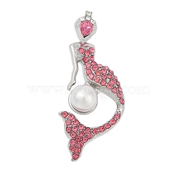 Mermaid Alloy Rhinestone Brooches for Backpack Clothes, with Plastic Pearl, Hot Pink, 69x28.5mm(PALLOY-D361-24P-01)