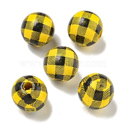 Printed Wood European Beads, Round with Tartan Pattern, Gold, 15.5~16mm, Hole: 4~4.5mm(WOOD-G022-13F)