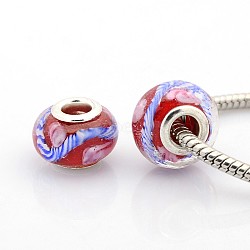 Handmade Lampwork European Large Hole Rondelle Beads, Inner Flower, with Silver Plated Brass Double Cores, Dark Red, 14x10mm, Hole: 5mm(LPDL-M007-03)