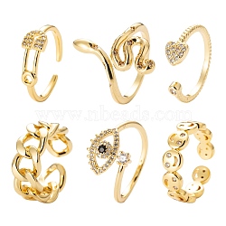 6Pcs 6 Styles Adjustable Brass Micro Pave Clear Cubic Zirconia Cuff Rings, Open Rings, Long-Lasting Plated, Flat Round with Heart & Curb Chain Shape & Snake & Smiling Face & Safety Pin Shape & Eye, Golden, Inner Diameter: 16.3~17mm, 1pc/style(RJEW-LS0001-29G)
