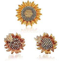 3Pcs 3 Styles Light Gold Zinc Alloy with Rhinestone Brooch, Enamel Pins, Sunflower, Mixed Color, 28~38.5x28~38.5x6~7mm, 1pc/style(JEWB-GO0001-05)