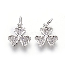 Brass Micro Pave Cubic Zirconia Charms, Lead Free & Cadmium Free, Clear, Clover, Platinum, 11.5x10x2mm, Hole: 3mm(ZIRC-J021-07P-RS)