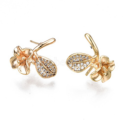 Brass Micro Pave Clear Cubic Zirconia Earring Findings, for Half Drilled Beads, Nickel Free, Flower, Real 18K Gold Plated, 16x14.5mm, Pin: 0.7mm, pin: 0.7mm(for half drilled beads)(KK-S356-357-NF)