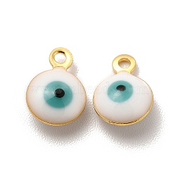 304 Stainless Steel Evil Eye Enamel Charms, Flat Round Charm, Golden, White, 7.5x6x3mm, Hole: 1mm(STAS-G302-03G-04)