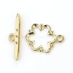 Alloy Toggle Clasps, Nickel Free, Lead Free and Cadmium Free, Golden, Flower: 19x15x1.5mm, hole: 2mm. Bar: 24x6x4mm, hole: 2mm.(EA777Y-G-NR)