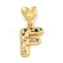 Brass Micro Pave Colorful Cubic Zirconia Pendants, Heart Letter Charms, Real 18K Gold Plated, Letter F, 31.5mm, Hole: 6x3mm, pendant: 21.5x16x4mm(KK-P281-01G-F)