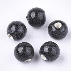 Handmade Porcelain Beads, Fancy Antique Glazed Porcelain, Round, Slate Gray, 10.5~11x9.5mm, Hole: 2.5mm(PORC-Q262-01A)