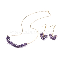 Natural Amethyst Chips Beaded Jewelry Set, Gemstone Pendant Necklace & Cluster Dangle Earrings with 304 Stainless Steel Cable Chains for Women, Golden, 60mm, Pin: 0.6mm, 19 inch(48.5cm)(SJEW-JS01230-03)