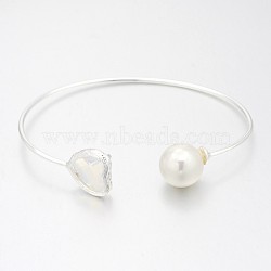 Nickel Free Silver Color Plated Brass Glass Cuff Bangles, Torque Bangles, with Round Acrylic Pearl, WhiteSmoke, 50x64mm(BJEW-J163-01S)