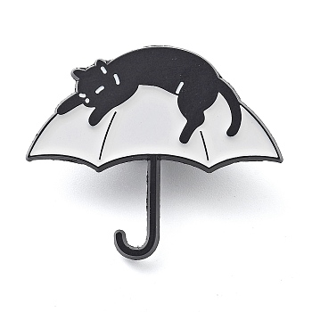 Umbrella Cat Zinc Alloy Brooches, Black Kitten with Umbrella Enamel Pins, for Backpack Clothes, White, 34x30x1.5mm