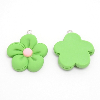 Resin Pendants, with Platinum Iron Finding, Flower, Lime Green, 35x30x6mm, Hole: 2mm