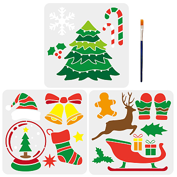 US 1 Set PET Hollow Out Drawing Painting Stencils, with 1Pc Art Paint Brushes, Christmas Themed Pattern, Painting Stencils: 300x300mm, 3pcs/set, Brushes: 16.9x0.5cm