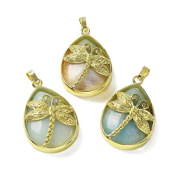 Natural Flower Amazonite Pendants, with Golden Tone Brass Findings, Lead Free & Cadmium Free, Teardrop with Dragonfly Charms, 40~40.5x26~26.5x8.5~9.5mm, Hole: 7~8x4.5~5mm