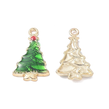 Alloy Enamel Pendants, Cadmium Free & Lead Free, Christmas Tree Charm, Light Gold, Green, 24x14.5x2.5mm, Hole: 1.6mm