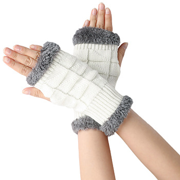 Acrylic Fiber Yarn Knitting Fingerless Gloves, Fluffy Edge Winter Warm Gloves with Thumb Hole, White, 195x85~95mm