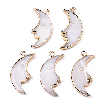 Natural Freshwater Shell Pendants, with Iron Loops, Brass Edge Golden Plated, Moon, Rosy Brown, 25x12x3mm, Hole: 1.8mm