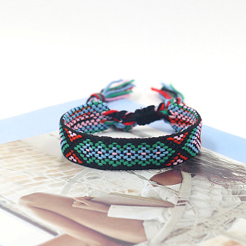 Polyester Braided Rhombus Pattern Cord Bracelet, Ethnic Tribal Adjustable Brazilian Bracelet for Women, Black, 5-7/8 inch(15cm)