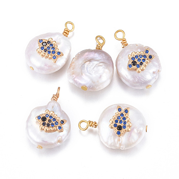 Natural Cultured Freshwater Pearl Pendants, with Brass Micro Pave Cubic Zirconia Findings, Nuggets with Fish, Golden, Dark Blue, 17~26x11~16x5~11mm, Hole: 1.6~2mm