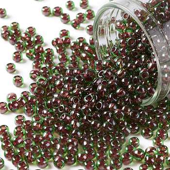 TOHO Round Seed Beads, Japanese Seed Beads, (250) Inside Color Peridot/Fuchsia Lined, 8/0, 3mm, Hole: 1mm, about 10000pcs/pound
