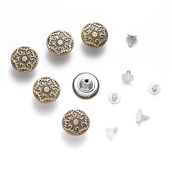 Iron Button Pins for Jeans, Garment Accessories, Flat Round with Pattern, Antique Bronze, 17x7.5mm, Hole: 1.8mm, Pin: 7.5x8mm, Knob: 2.5mm, 2pcs/set