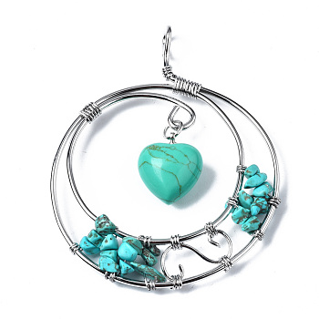 Synthetic Turquoise Big Pendants, Wire Wrapped Pendants, with Plamtinum Brass Wires, Rack Plating, Flat Round with Heart, Dyed, 68~69x53~54x9.5mm, Hole: 4x5mm