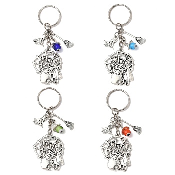 Alloy Lampwork Pendant Keychains, with Iron Split Key Rings, Witch & Spider Web & Besom, Antique Silver, Mixed Color, 90mm