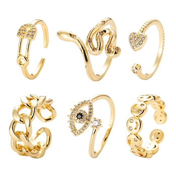 6Pcs 6 Styles Adjustable Brass Micro Pave Clear Cubic Zirconia Cuff Rings, Open Rings, Long-Lasting Plated, Flat Round with Heart & Curb Chain Shape & Snake & Smiling Face & Safety Pin Shape & Eye, Golden, Inner Diameter: 16.3~17mm, 1pc/style
