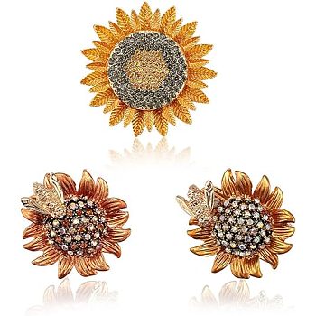 3Pcs 3 Styles Light Gold Zinc Alloy with Rhinestone Brooch, Enamel Pins, Sunflower, Mixed Color, 28~38.5x28~38.5x6~7mm, 1pc/style