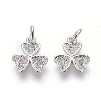 Brass Micro Pave Cubic Zirconia Charms, Lead Free & Cadmium Free, Clear, Clover, Platinum, 11.5x10x2mm, Hole: 3mm