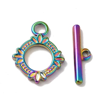 Ion Plating(IP) 304 Stainless Steel Toggle Clasps, Flower, Rainbow Color, Ring: 17.5x14x2mm, Hole: 2mm, Bar: 16.5x5x2mm, Hole:1.2mm