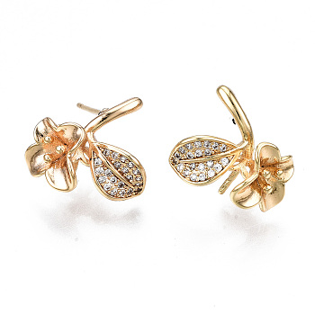Brass Micro Pave Clear Cubic Zirconia Earring Findings, for Half Drilled Beads, Nickel Free, Flower, Real 18K Gold Plated, 16x14.5mm, Pin: 0.7mm, pin: 0.7mm(for half drilled beads)